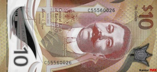 Přední strana polymerové bankovky 10 Barbados Dollar Series 2022