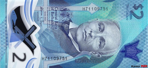 Přední strana polymerové bankovky 2 barbadoských dolarů série 2022
