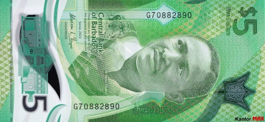 Přední strana polymerové bankovky 5 Barbados Dollar Series 2022