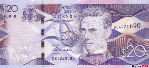 Přední strana bankovky 20 barbadoských dolarů série 2013