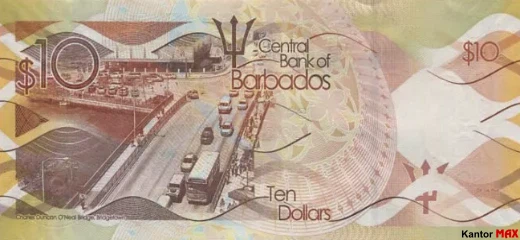 Zadní strana bankovky 10 barbadosských dolarů, série 2013