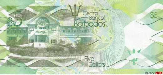 Zadní strana 5 barbadoské dolarové bankovky série 2013