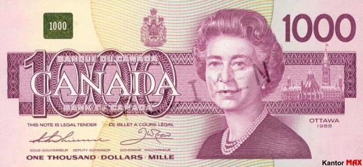 Przód wycofanego banknotu 1000 dolarów kanadyjskich z 1986 roku - seria Ptaki