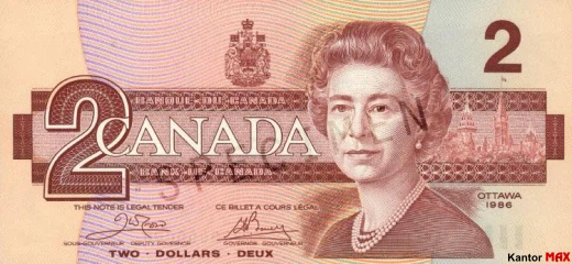 Przód wycofanego banknotu 2 dolary kanadyjskie emisja z 1986 roku - seria Ptaki