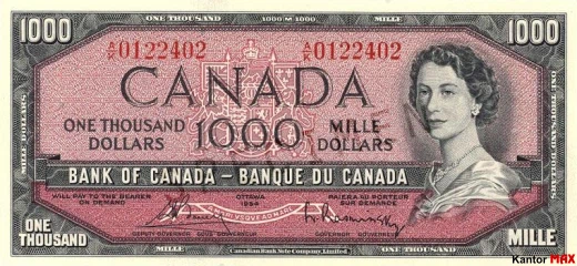 Przód wycofanego banknotu 1000 dolarów kanadyjskich z 1954 roku
