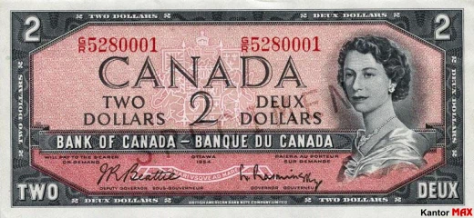 Przód wycofanego banknotu 2 dolary kanadyjskie z 1954 roku