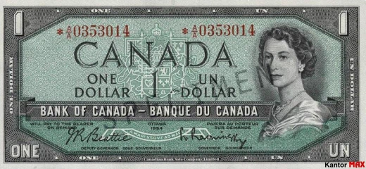 Przód wycofanego banknotu 1 dolar kanadyjski z 1954 roku