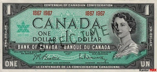 Przód wycofanego banknotu 1 dolar kanadyjski z 1967 roku