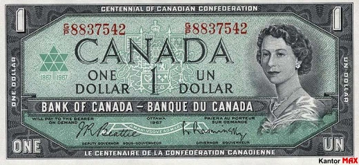Przód wycofanego banknotu 1 dolar kanadyjski z 1967 roku seria pamiątkowa