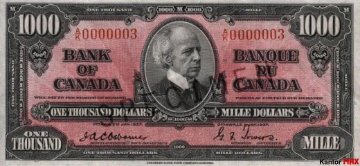Przód wycofanego banknotu 1000 dolarów kanadyjskich z 1937 roku