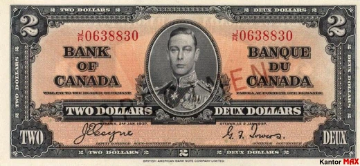 Przód wycofanego banknotu 2 dolary kanadyjskie z 1937 roku