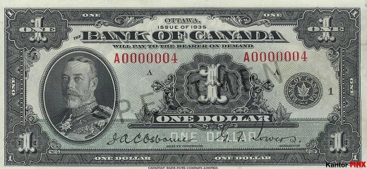 Przód wycofanego banknotu 1 dolar CAD z 1935 roku