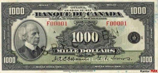 Przód wycofanego banknotu 1000 dolarów kanadyjskich z 1935 roku