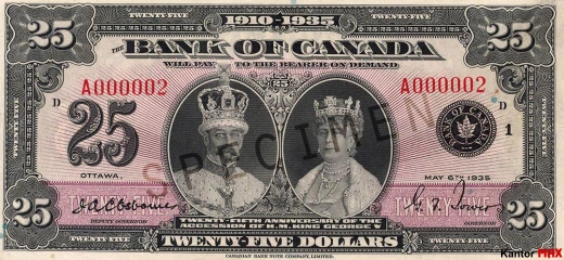 Przód wycofanego banknotu 25 dolarów CAD z 1935 roku