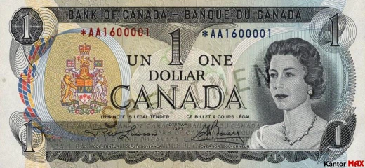 Przód wycofanego banknotu 1 dolarów kanadyjski z 1969–79 roku