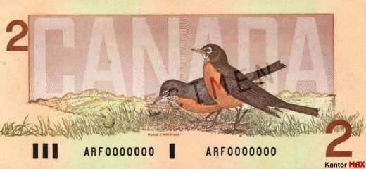 Tył wycofanego banknotu 2 dolary kanadyjskie emisja z 1986 roku - seria Ptaki