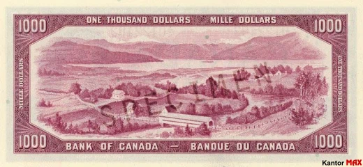 Tył wycofanego banknotu 1000 dolarów kanadyjskich z 1954 roku