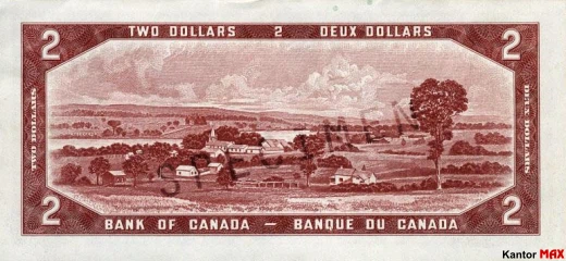 Tył wycofanego banknotu 2 dolary kanadyjskie z 1954 roku