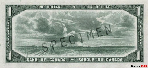Tył wycofanego banknotu 1 dolar kanadyjski z 1954 roku