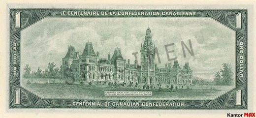 Tył wycofanego banknotu 1 dolar kanadyjski z 1967 roku seria pamiątkowa