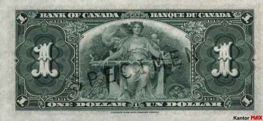 Tyl wycofanego banknotu 1 dolar kanadyjski z 1937 roku