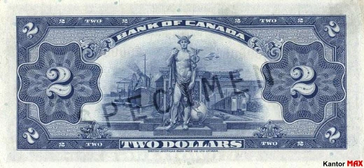 Tył wycofanego banknotu 2 dolary CAD z 1935 roku