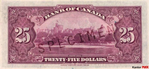 Tył wycofanego banknotu 25 dolarów CAD z 1935 roku