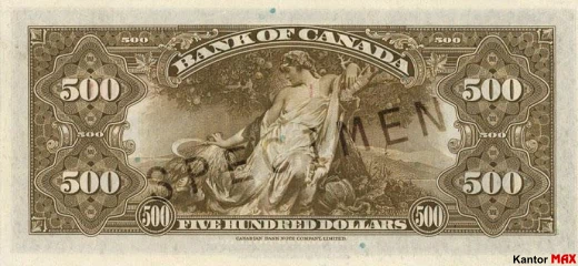 Tył wycofanego banknotu 500 dolarów kanadyjskich z 1935 roku