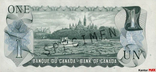 Tył wycofanego banknotu 1 dolarów kanadyjski z 1969–79 roku