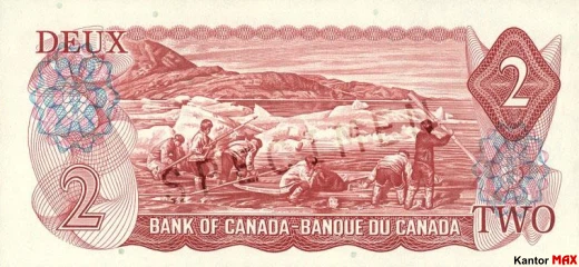 Tył wycofanego banknotu 2 dolary kanadyjskie z 1969–79 roku