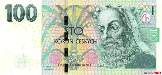 Przód banknotu 100 koron czeskich z 2018 r.