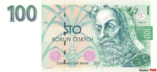 Przód wycofanego banknotu 100 koron edycja z 1993 roku.