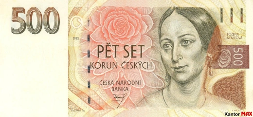 Przód wycofanego banknotu 500 koron edycja z 1993 roku.
