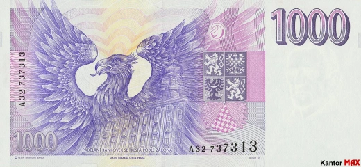 Tył wycofanego banknotu 1000 koron edycja z 1993 roku.