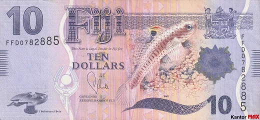 Przód banknotu 10 dolarów Fidżi z 2012 roku