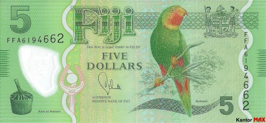 Przód banknotu 5 dolarów Fidżi z 2012 roku