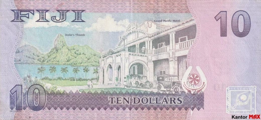 Tył banknotu 10 dolarów Fidżi z 2012 roku