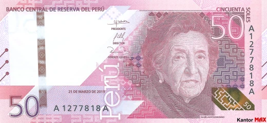Przód banknotu 50 sol peruwiańskich z 2019 roku